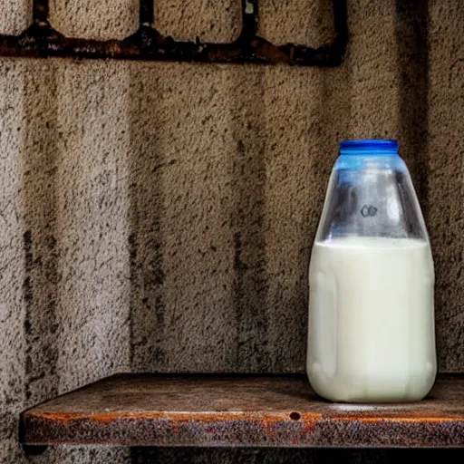 Prompt: bottle of milk over a rusted metal table inside a jail cell