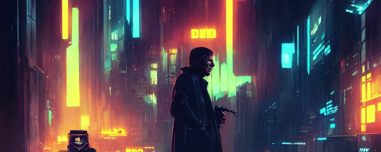 Image similar to duotone tech noir concept illustration 3 / 4 portrait of harrison ford as deckard from blade runner 1 9 8 2. cinematic volumentric lighting space. golden ratio accidental renaissance. by sachin teng and sergey kolesov and ruan jia and heng z. graffiti art, scifi, fantasy, hyper detailed. octane render. concept art. trending on artstation