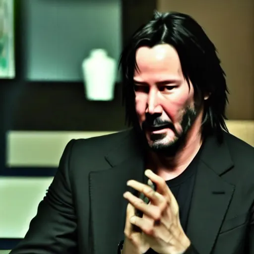 Image similar to Keanu Reeves expressing his disappointment over how bad Cyberpunk 2077 was