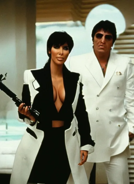 Prompt: film still of kim kardashian as Tony Montana in Scarface,
