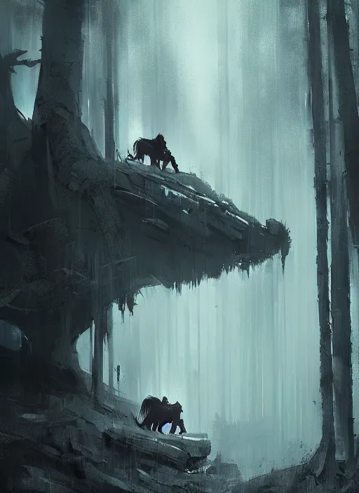 Image similar to schwarzenegger as conan the barbarian, grey forest background, by ismail inceoglu