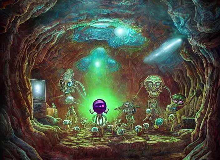 Prompt: 👽👾 aliens, in a beautiful cave, lowbrow, amazing colorful background, digital art, concept art, in the style of mark ryden, 3 - d 4 k,