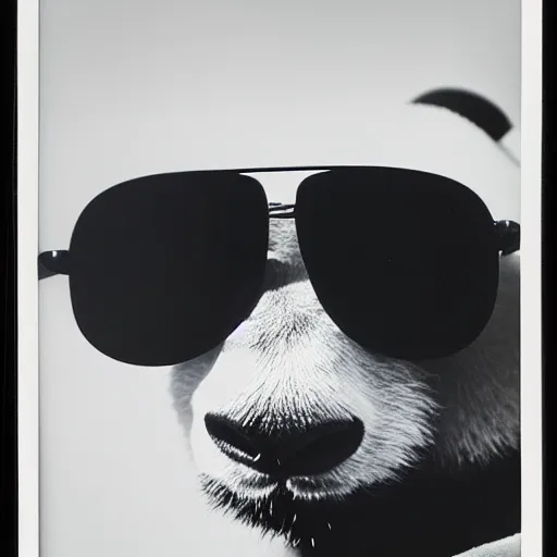 Prompt: grainy head to shoulder portrait polaroid film photograph of a panda in a mall wearing aviator shades. super resolution. surreal. extremely detailed. polaroid 6 0 0 film. by annie leibovitz and richard avedon