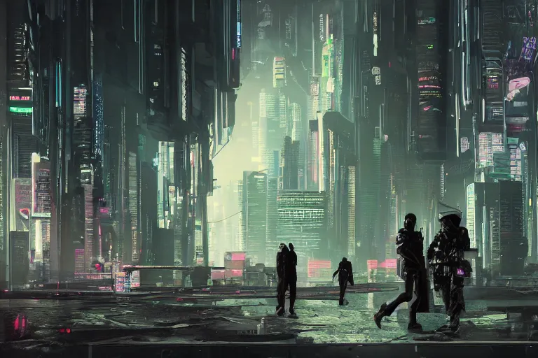 Prompt: cyberpunk hackers in high tech compound by Emmanuel Lubezki