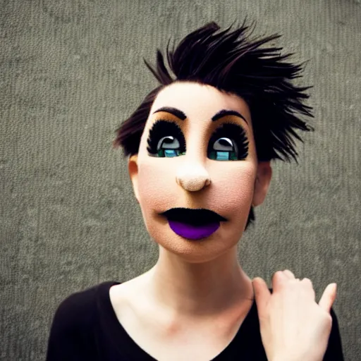 Image similar to portrait of a beautiful happy muppet puppet goth woman, spiky short hair, blurry urban background, cinematic, Serious eyes