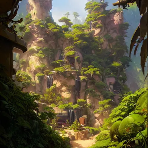 Image similar to worm's eye view of overwatch headquarters carved inside a mountain above a lush garden, neatly trimmed vegetation, magical, natural light, fantasy, sharp focus, concept art, by greg rutkowski and craig mullins, cozy atmospheric