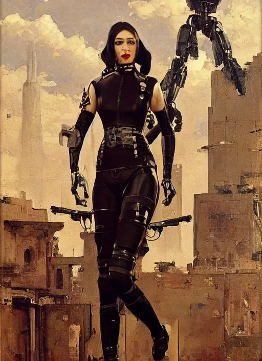 Image similar to Sgt Eliza Grim. Menacing Cyberpunk policewoman towering with robotic stilt legs and combat vest. (dystopian, police state, Cyberpunk 2077, bladerunner 2049). Iranian orientalist portrait by john william waterhouse and Edwin Longsden Long and Theodore Ralli and Nasreddine Dinet, oil on canvas. Cinematic, vivid colors, hyper realism, realistic proportions, dramatic lighting, high detail 4k