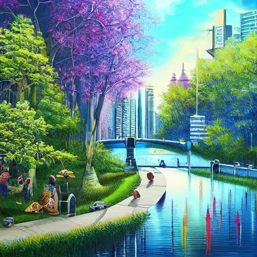 Image similar to Beautiful city of the future in harmony with nature. Beautiful detailed painting by Lurid. (2022)