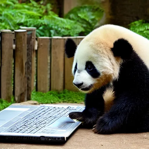 Prompt: a cute but tired baby panda working on a laptop in the zoo and yawning