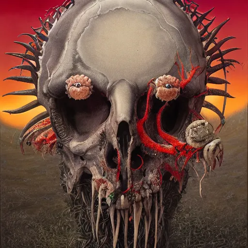 Prompt: A beautiful detailed aesthetic horror portrait painting titled 'The God of death' description 'Horned face with scales and bones shimmering' by Takashi Murakami and Wayne Barlowe, the desolate plains of hell in the background, Trending on cgsociety artstation, 8k, masterpiece, highly detailed.