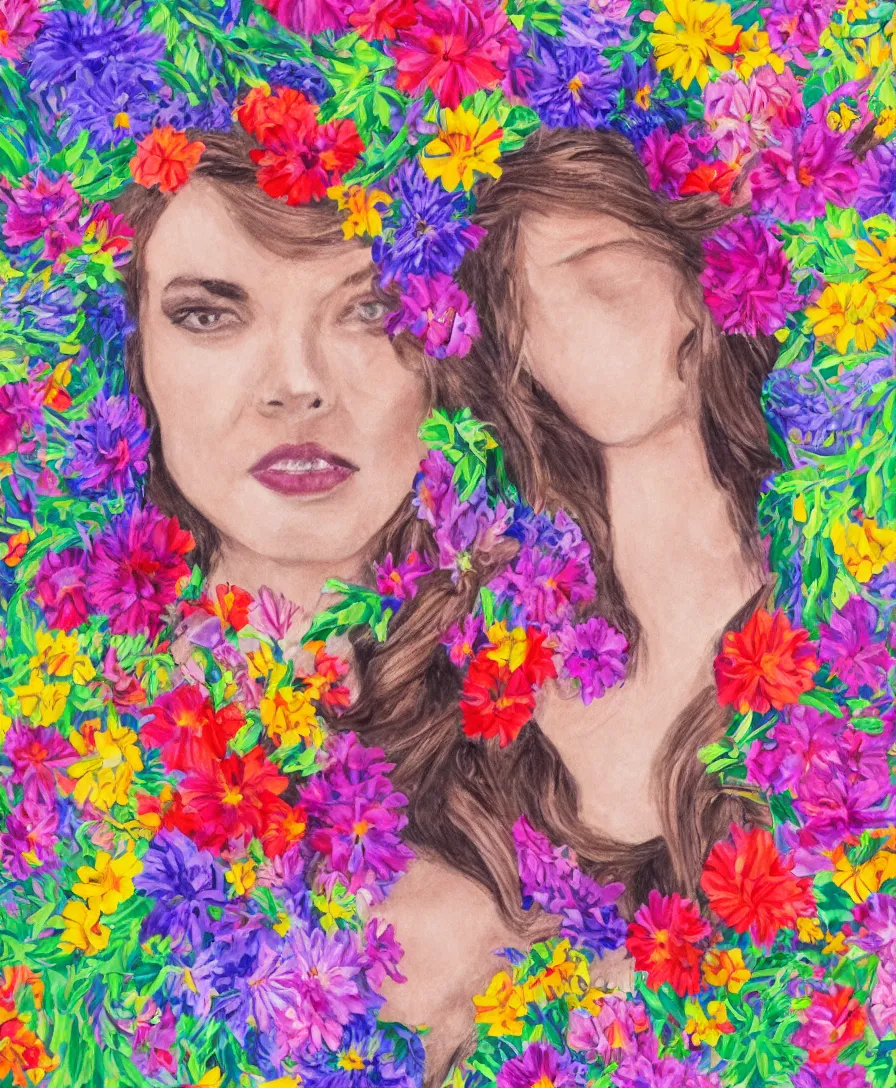 Prompt: portrait of a majestic princess, drawn with a wide variety of colorful flowers