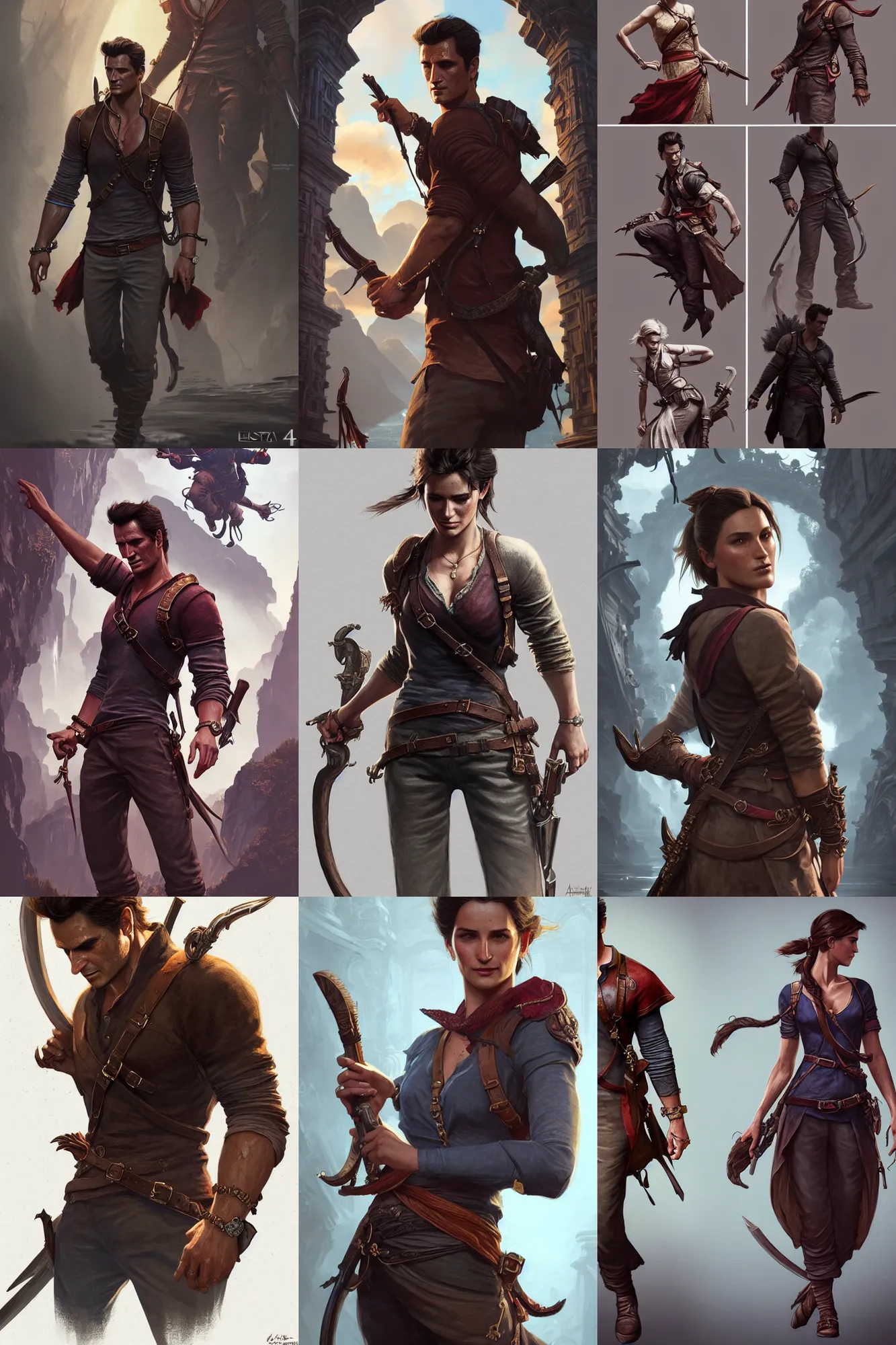 Prompt: fashion and character design spot illustrations from uncharted 4 combined with assassin's creed, d & d, fantasy, intricate, elegant, highly detailed, digital painting, artstation, concept art, matte, sharp focus, illustration, hearthstone, art by artgerm and greg rutkowski and alphonse mucha