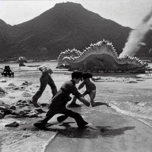 Image similar to a couple escaping from a giant Kaiju Starfish Monster over a traditional Korean village, minimal cinematography by Akira Kurosawa, movie filmstill, film noir, thriller by Kim Jong-il and Shin Sang-ok