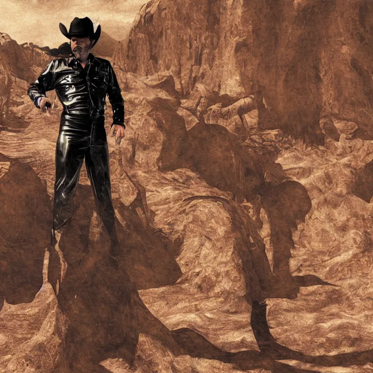 Image similar to 1 9 7 0's spaghetti western film octane render portrait by wayne barlow and carlo crivelli and glenn fabry, a man wearing a shiny black latex suit and cowboy hat covered in colorful slime, standing in a scenic western landscape, cinema 4 d, ray traced lighting, very short depth of field, bokeh