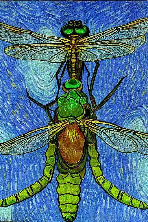 Image similar to symmetrical!!! looking at the camera!! dragonfly!! by vincent van gogh, starry night, big eyes, delicate wings