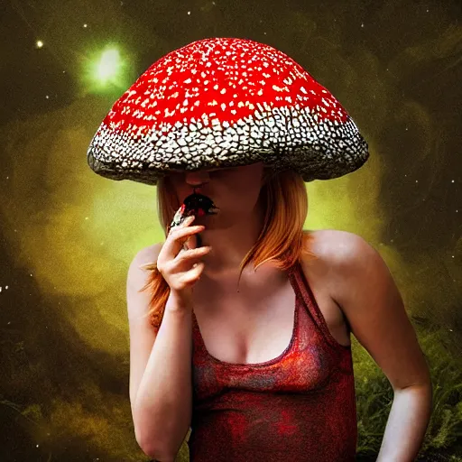 Image similar to amanita muscaria smoking weed, hyperreal, ethereal, realistic, space background