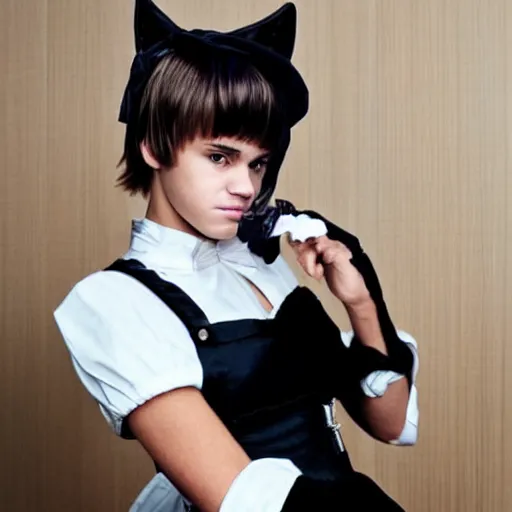 Prompt: justin bieber wearing a maid outfit, egirl maid, catgirl justin bieber