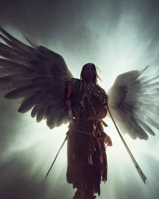 Image similar to a south american indigenous warrior with angelic wings, by tsuyoshi nagano, by greg rutkowski, dramatic lighting, blood, god rays, angelical, symmetrical, intricate, detailed, cinematic, masterpiece, extreme details, volumetric light