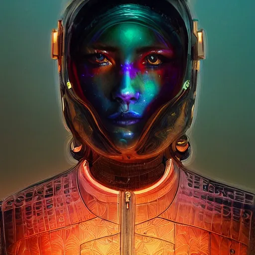 Image similar to detailed portrait of a skilled magic deepdream guardian girl cyberpunk futuristic, reflective puffer jacket, black leggings from the back radiating a glowing aura by ismail inceoglu dragan bibin hans thoma, perfect face, fine details, realistic shaded, fine - face, pretty face