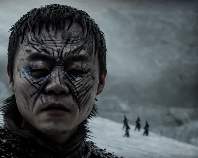 Image similar to crying justin sun as night king in game of thrones defeated by by crimson - black bee army, 4 k, epic, cinematic, focus, movie still, fantasy, extreme detail, atmospheric, dark colour, sharp focus
