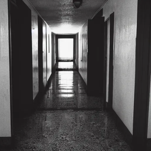 Image similar to decrepit hospital hallway, blurry shadow figure peeking through a corner, craigslist photo