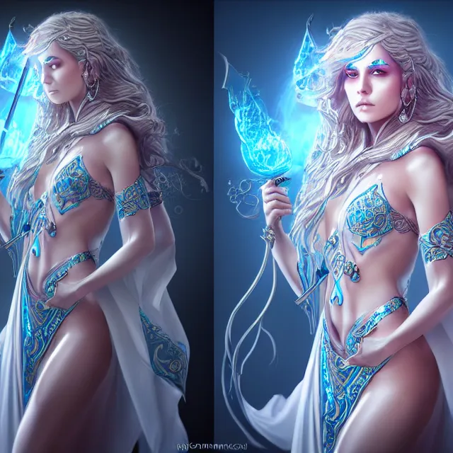 Prompt: beautiful elemental water witch with ornate robes and staff, highly detailed, 4 k, hdr, smooth, sharp focus, high resolution, award - winning photo, artgerm, photorealistic