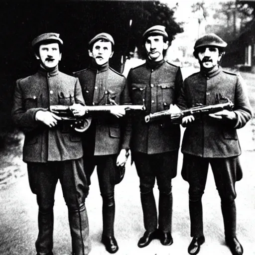 Image similar to old wartime photograph of the beatles carrying lewis guns, 1 9 1 7