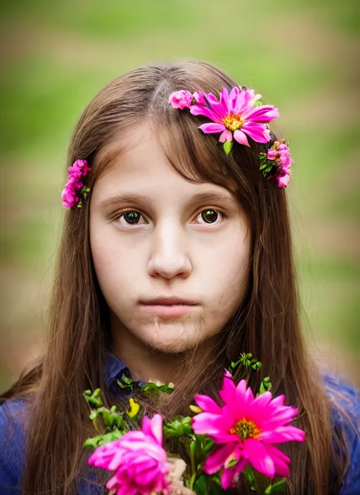 Prompt: portrait of a 1 2 year old woman, symmetrical face, flowers in her hair, she has the beautiful calm face of her mother, slightly smiling, ambient light