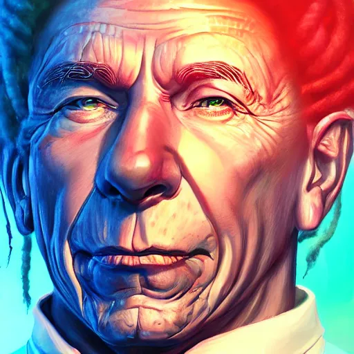 Prompt: portrait of ronald reagan with dreadlocks, cyberpunk setting, futuristic, highly detailed, intricate lighting, digital painting, sharp focus, illustration, trending on artstation, art by magali villenueve.