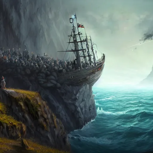 Image similar to D&D adventuring party facing away on cliff overlooking half-sunk realistic ship, naval background, portrait, magic the gathering artwork, D&D, fantasy, cinematic lighting, centered, symmetrical, highly detailed, digital painting, artstation, concept art, smooth, sharp focus, illustration, volumetric lighting, epic Composition, 8k, art by Akihiko Yoshida and Greg Rutkowski and Craig Mullins, oil painting, cgsociety