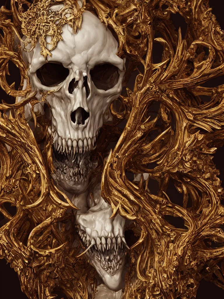 Prompt: Portrait of white and gold skeletal demon, baroque details, bones, hyper realistic, octane render, Nekro XIII, Billelis, vibrant colors, 58mm, trending on artstation