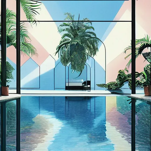 Image similar to indoor liminal space, golden light, palm trees, pink door, minimalistic, hyperrealistic surrealism, award winning masterpiece with incredible details, epic stunning, infinity pool mirrors, a surreal vaporwave liminal space with mirrors, highly detailed, trending on artstation, artgerm and greg rutkowski and alphonse mucha, daily deviation