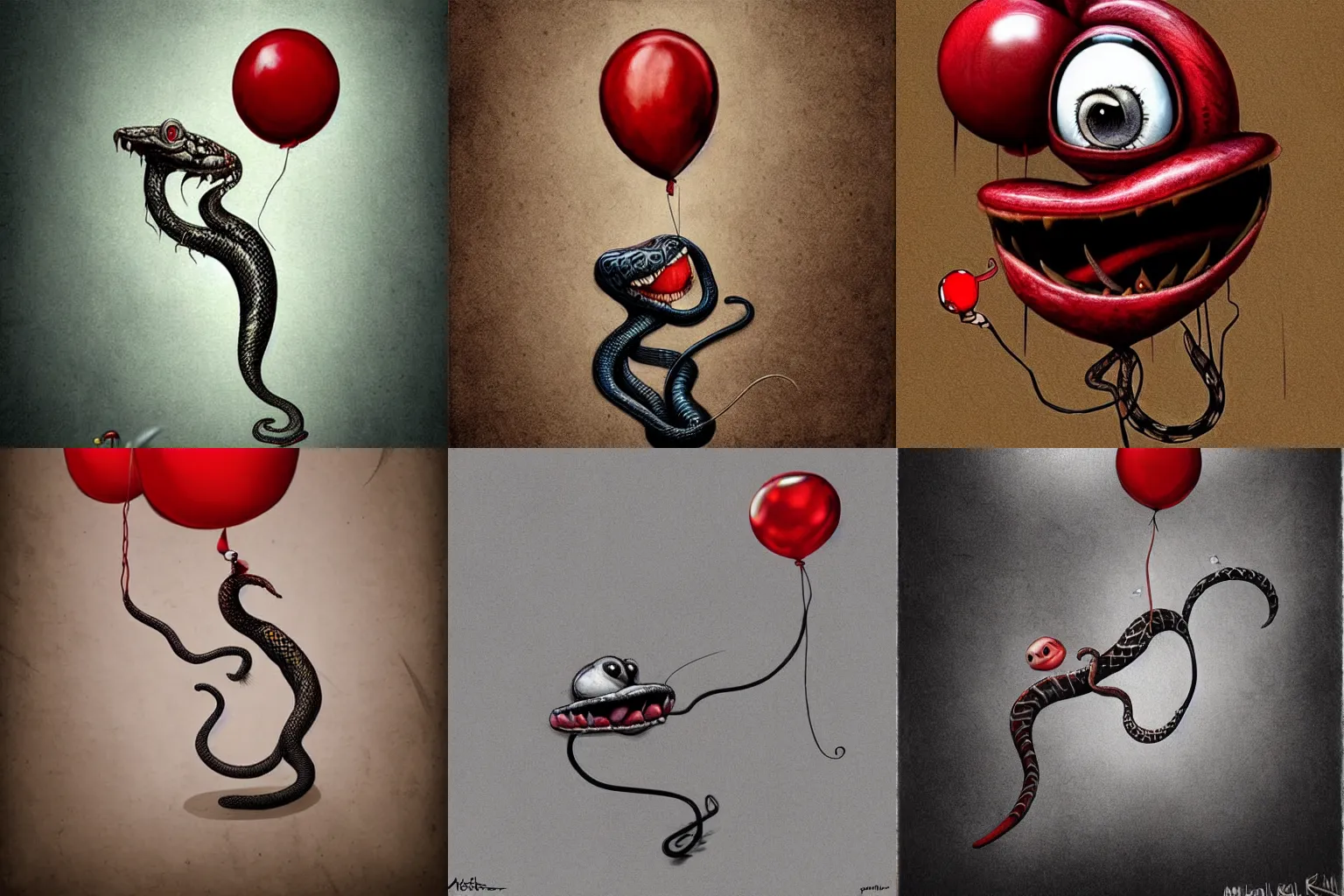 Prompt: surrealism grunge cartoon sketch of a snake with a wide smile holding a red balloon by - michael karcz, loony toons style, horror theme, detailed, elegant, intricate