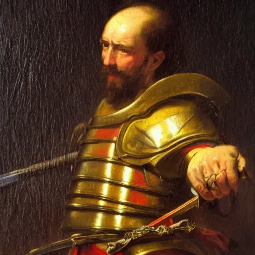 Prompt: a painting of a man with a sword and armor, a fine art painting by horace vernet, pixabay contest winner, mannerism, maximalist, detailed painting, flemish baroque