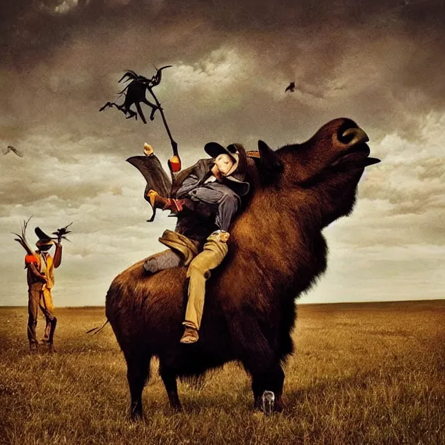 Image similar to incredible modern evocative sentimental artwork of buffalo hunters, buffalo emotion midnight in the style of tim walker fashion photography, buffalos hunting hunters, larger than life