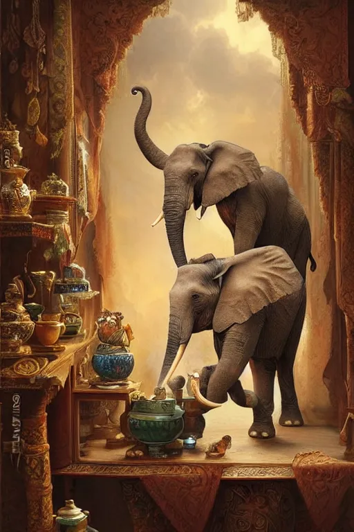 Image similar to one elephant in a porcelain shop, cgsociety, oil painting by justin gerard