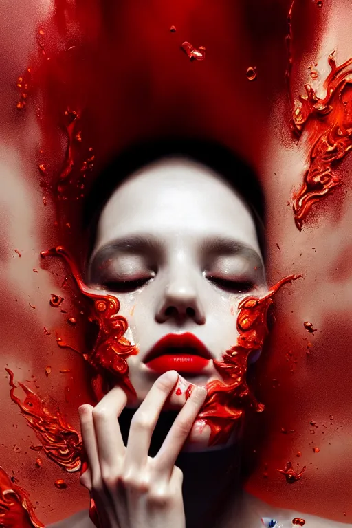Prompt: 3 d, crying fashion model, flame, liquid black and red water, morning, vogue cover style, poster art, high detail, intricate oil painting, multiple exposure, heaven mood, hyperrealism, 3 d, by tooth wu and wlop and beeple and greg rutkowski