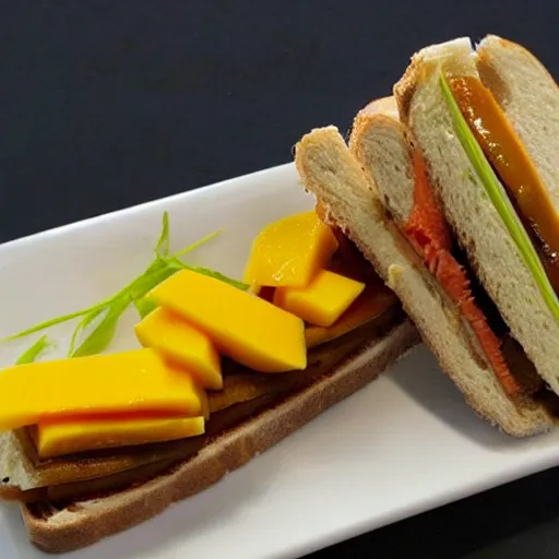 Prompt: sandwich with foie gras honey and mango