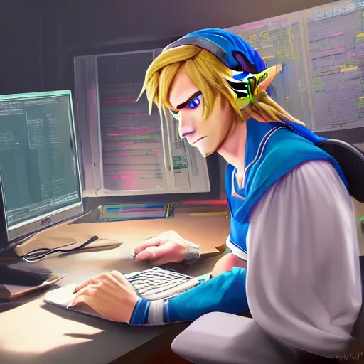 Image similar to Link from Zelda, sitting at a desk programming on a computer, close-up shot, cozy, elegant, realistic character concept, indoor lighting, hyperdetailed, high resolution, insanely detailed and intricate, Yusuke Nakano