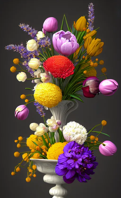 Prompt: still life of flowers, centered, complex 3 d render, ultra detailed, intricate, realistic, textured, 8 5 mm lens, refined, high definition, photo realism, rembrandt lighting, cherry blossoms, white flowers, little red berries, more detailed, lavender, yellow st joseph lily, peonies, foliage, tulips, iris, ethereal,