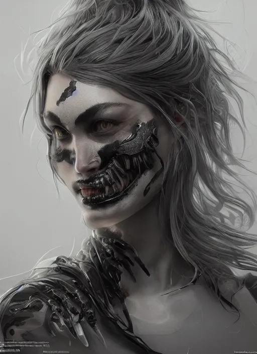 Image similar to female gray and black venom, naturel, hyper detailed, digital art, trending in artstation, cinematic lighting, studio quality, smooth render, unreal engine 5 rendered, octane rendered, art style by klimt and nixeu and ian sprigger and wlop and krenz cushart