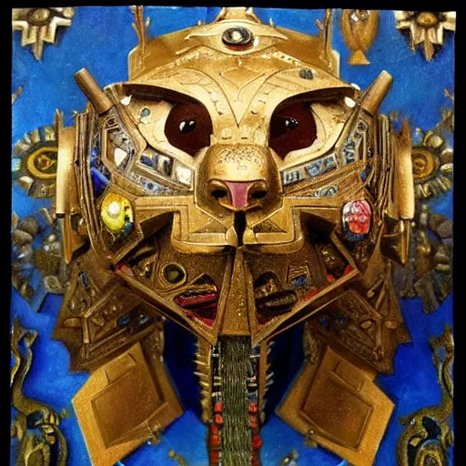 Image similar to masterpiece sculpture of an ornate bejeweled robot cat head, by annie swynnerton and diego rivera and nicholas roerich and jean delville, symbolist, dramatic lighting, god rays, elaborate geometric ornament, art brut, rich colors, smooth, sharp focus, extremely detailed, adolf wolfli and ( donato giancola )