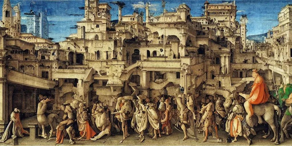 Image similar to unicorn in a futuristic cyberpunk town. By Filippino Lippi, highly detailed