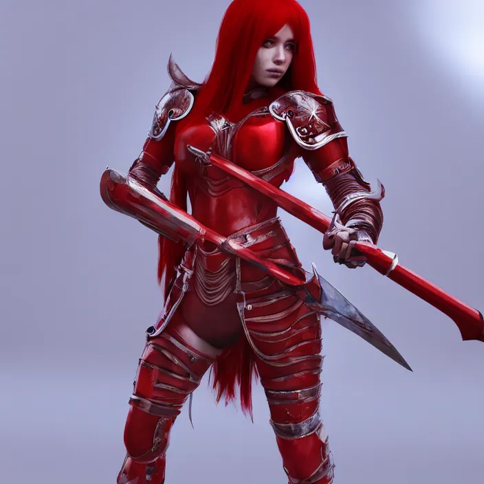 Prompt: a girl with long red hair wearing a red plate armor and holding a big red sword in a forest, 3d render, octane render, unreal engine 5, 8k hdr, hyperrealistic, highly detailed, high quality, concept art, trending on Artstation, full-body armor