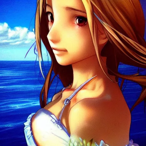 Image similar to beautiful aerith from final fantasy in daisy dukes on the beach making eye contact drawn by artgerm