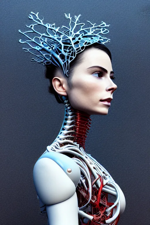 Prompt: complex 3d render ultra detailed of a beautiful porcelain profile lena meyer-landrutface, biomechanical cyborg, analog, 150 mm lens, beautiful natural soft rim light, big leaves and stems, roots, fine foliage lace, Dichroistic, blue, red details, massai warrior, Alexander Mcqueen high fashion haute couture, pearl earring, art nouveau fashion embroidered, steampunk, intricate details, mesh wire, mandelbrot fractal, anatomical, facial muscles, cable wires, microchip, elegant, hyper realistic, ultra detailed, octane render, H.R. Giger style, volumetric lighting, 8k post-production