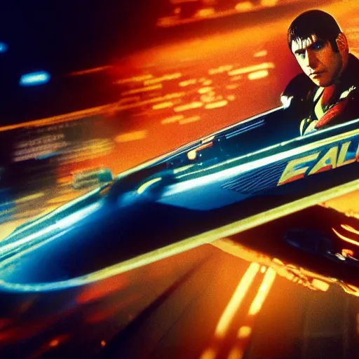 Prompt: of Captain Falcon piloting his racing machine in the movie Blade Runner, cinematic lighting, 4k
