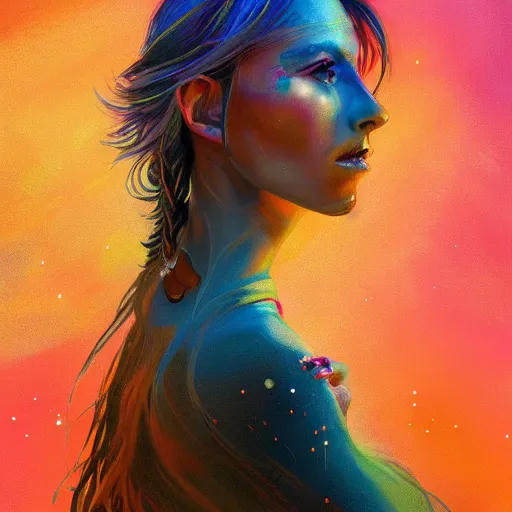 Prompt: colorful character portrait of a woman in a dark desert lit by the stars, wispy flowing hair, highly detailed face, very intricate, symmetrical, cinematic lighting, award - winning epic painting, painted by mandy jurgens, pan futurism, dystopian, bold colors, dark vibes, cyberpunk, groovy vibe, anime aesthetic, featured on artstation