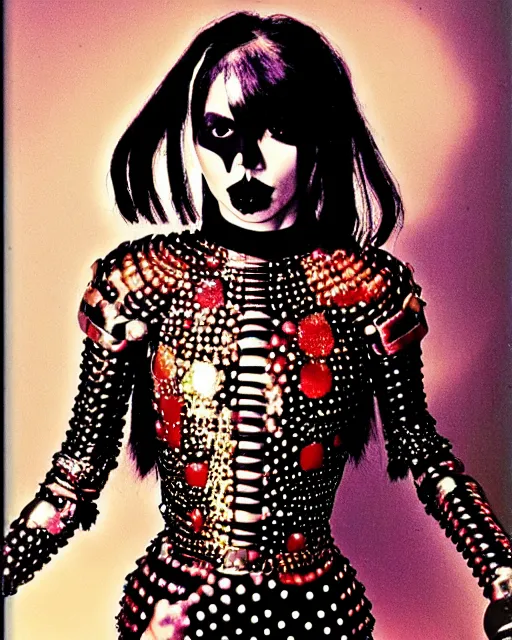 Image similar to portrait of a skinny punk goth yayoi kusama wearing armor by simon bisley, john blance, frank frazetta, fantasy, thief warrior, sparkles glitter