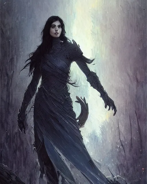 Image similar to a beautiful woman dark hair in an armor with dark eyes, elegant, dark blue, ethereal horror fantasy art by greg rutkowski and magali villeneuve and claude monet detailed